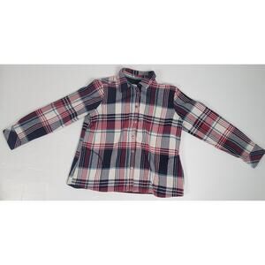 Orvis Womens Large Plaid Tartan Red Blue‎ Shacket Jacket Fleece Lined 1316588